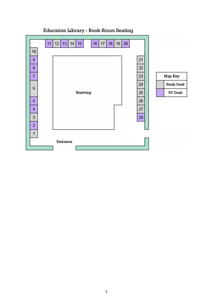 A map showing bookable study spaces in the Education library